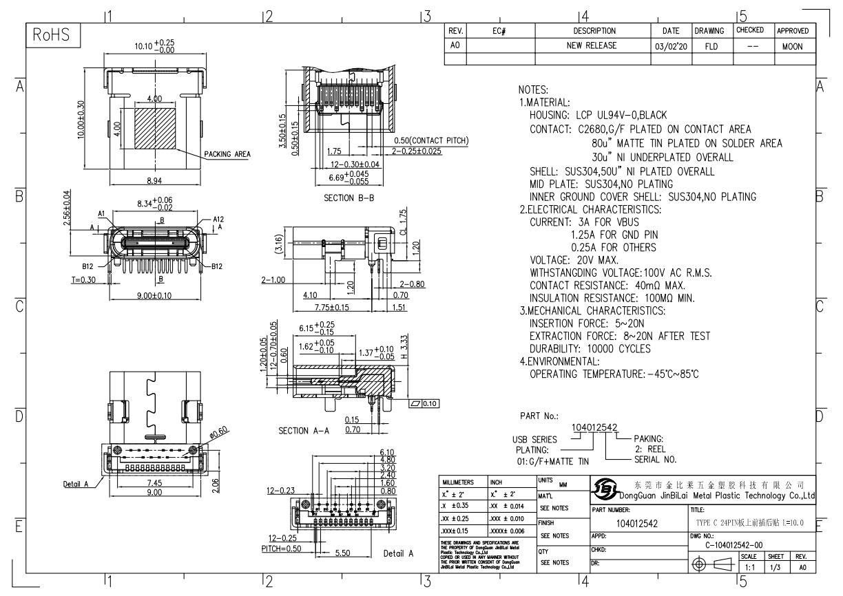 104012542-TYPE C 24PIN板上前插后貼腳長1.2 L=10.0