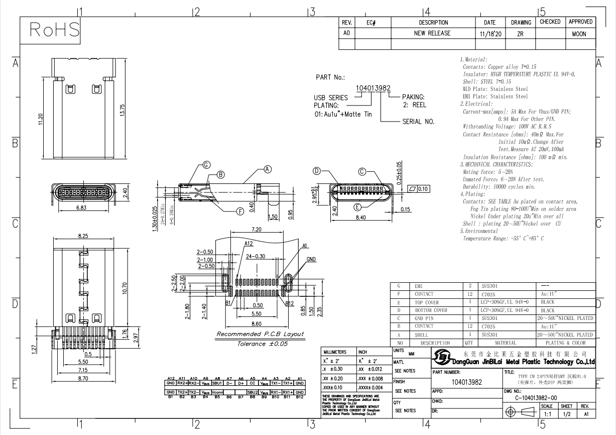 104013982-TYPE CM 24PIN雙排SMT 沉板H1.0(有彈片，外殼DIP兩直腳)